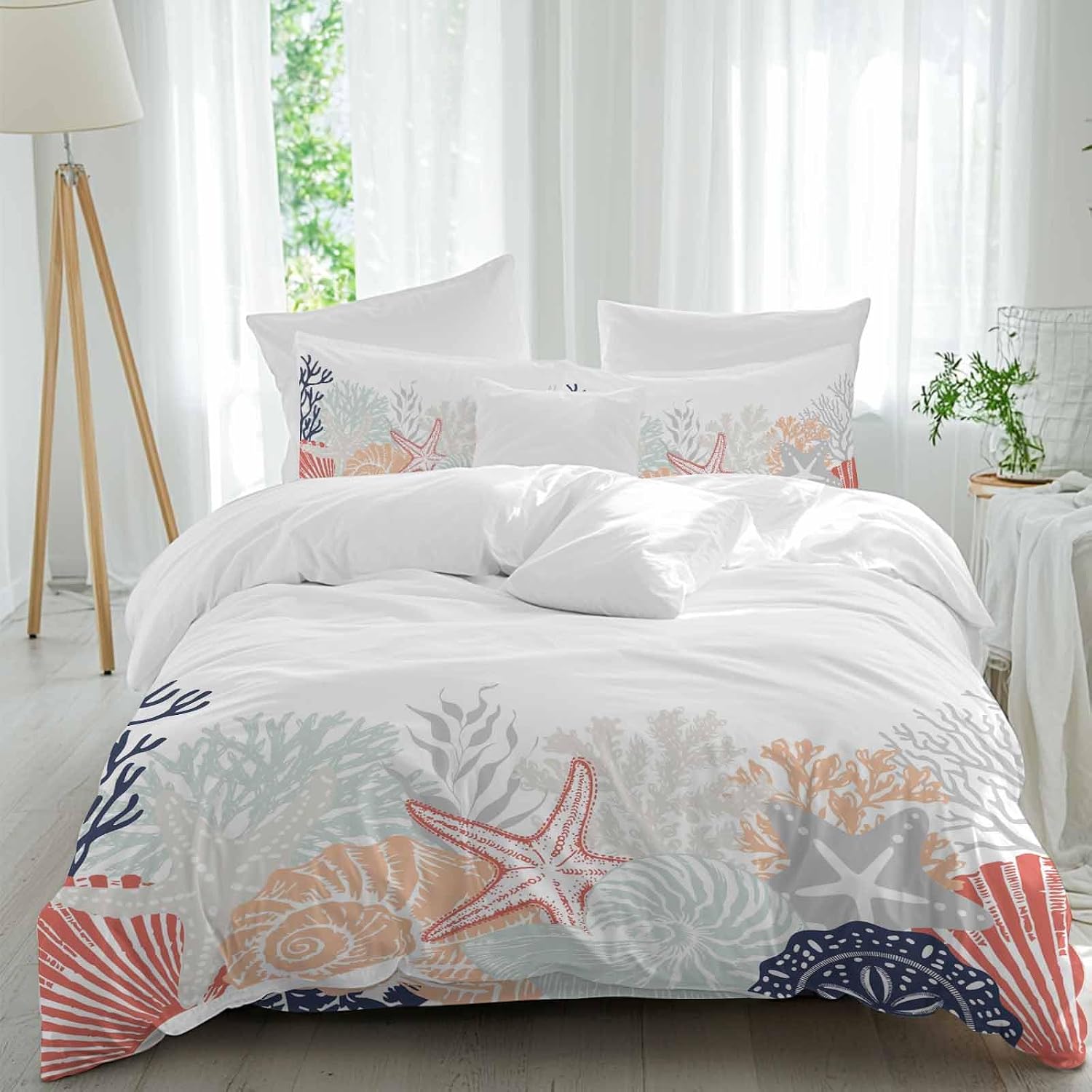 Summer Marine Life Duvet Cover Set Queen Size 4 Pieces Ocean Gray Coral Coastal Starfish Conch Bedding Set with Zipper Closure, 1 Comforter Cover 92x106 Inches 1 Flat Sheet & 2 Pillow Cases