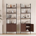 Halitaa Set of 2 Walnut & Black Ladder Shelf with Storage Cabinet, Modern Ladder Bookshelf with Doors, Wall Mount Bookcase with Metal Frame, Display Shelves for Living/Bed/Bathroom, Home Office