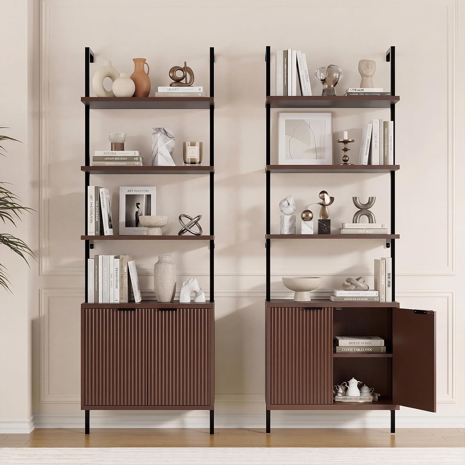 Halitaa Set of 2 Walnut & Black Ladder Shelf with Storage Cabinet, Modern Ladder Bookshelf with Doors, Wall Mount Bookcase with Metal Frame, Display Shelves for Living/Bed/Bathroom, Home Office