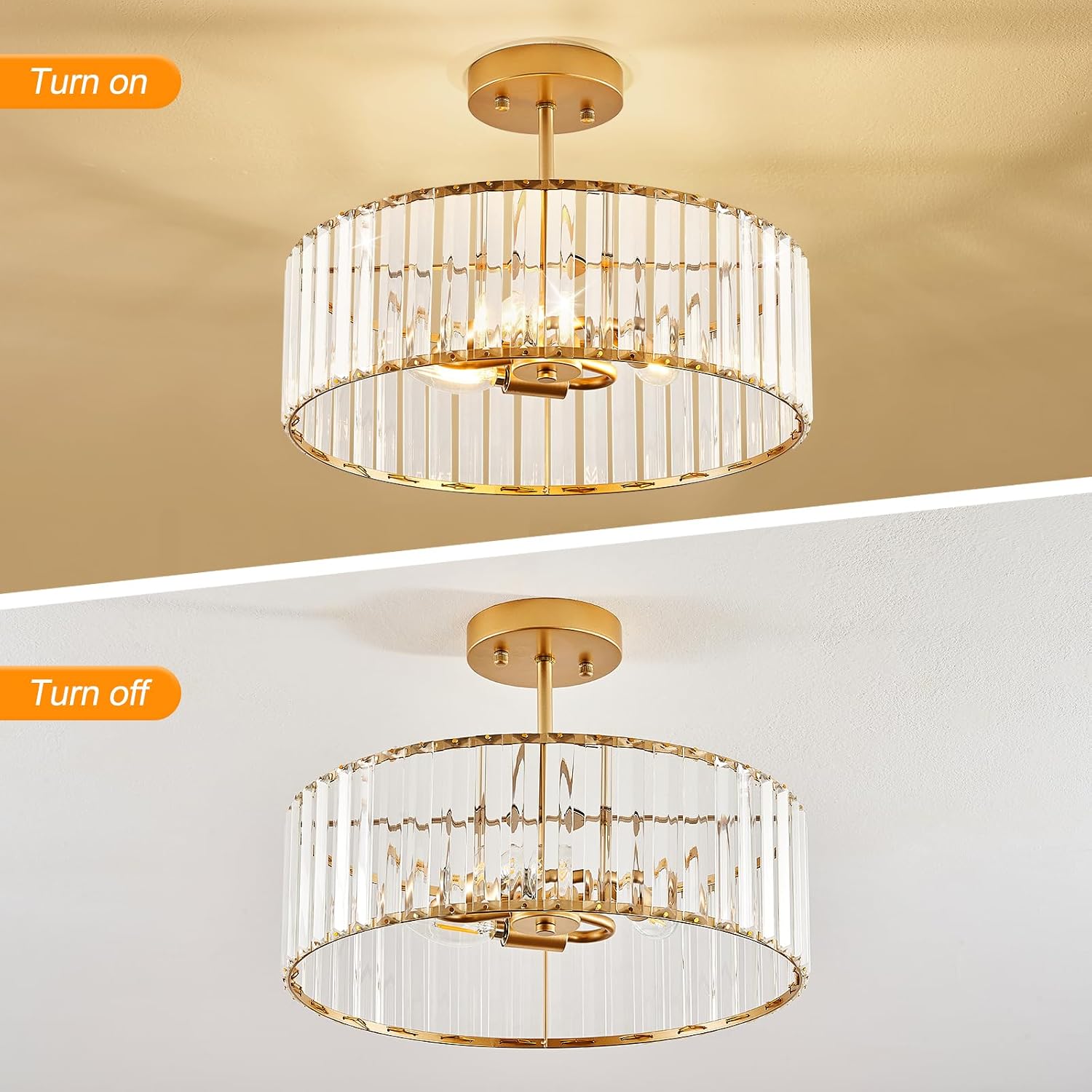 Modern Gold Semi Flush Mount Ceiling Light Crystal 3-Light Light Fixture 15.75 Inch Kitchen Ceiling Lighting for Living Room Bedroom Dining Room Bathroom Entryway (Bulb Not Included)