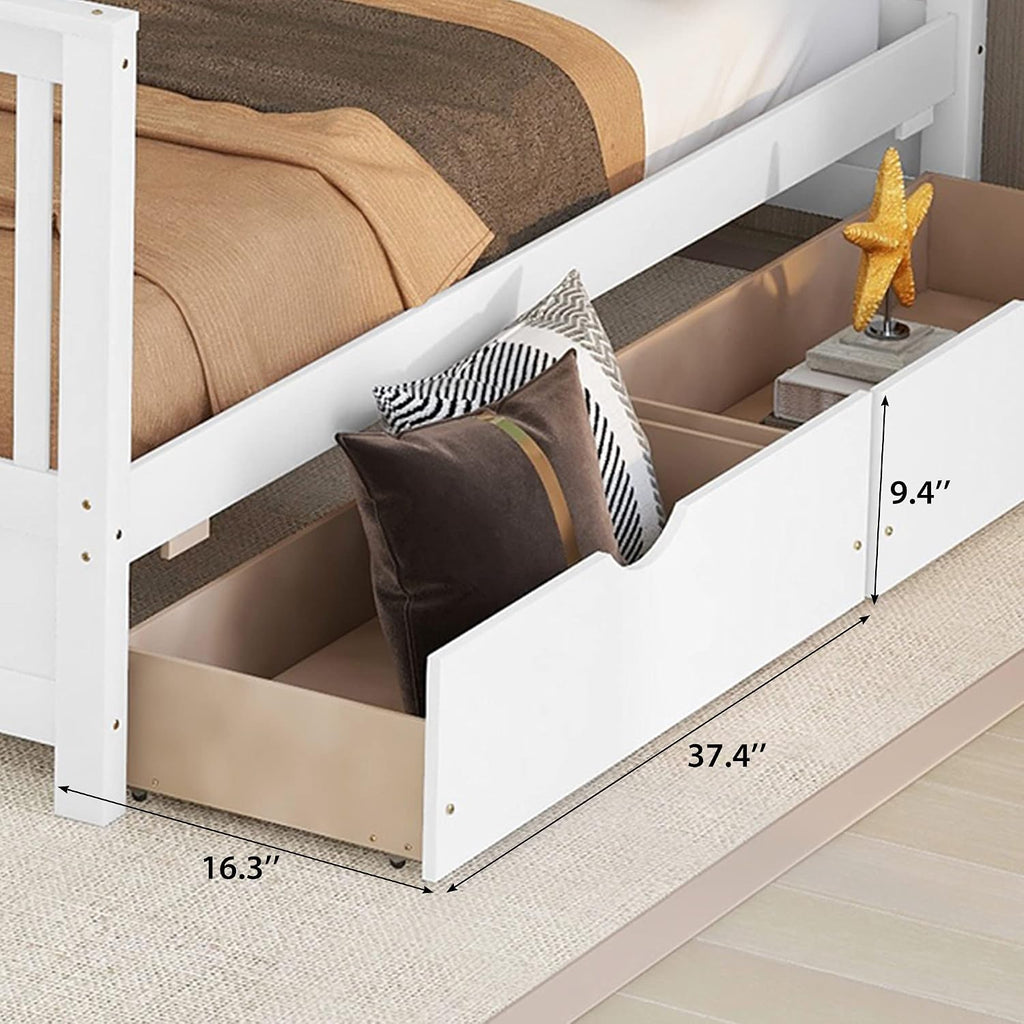Merax Wood Bunk Bed with Drawers,Convertible Wood Bunk Bed with Ladders and Two Storage Drawers,Solid Wood Detachable Bed Frame with Ladders,Twin Over Full Size,White