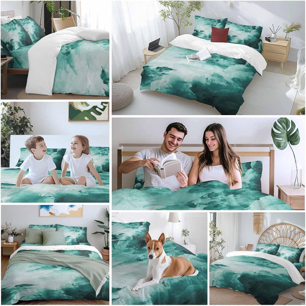 Prime Leader Clouds Duvet Cover Set Queen Size 4 Pieces Abstract Gradient Green Clouds Sky Bedding Set with Zipper Closure, 1 Comforter Cover 92x106 Inches 1 Flat Sheet & 2 Pillow Cases