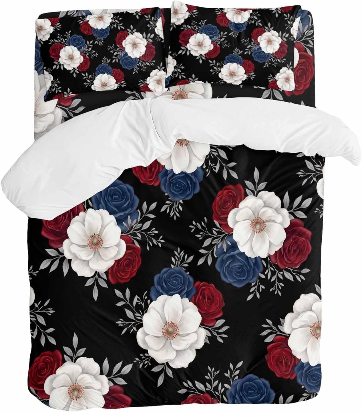 Prime Leader Independence Day Duvet Cover Set Queen Size 4 Pieces Red Blue White Roses Floral Leaf Black Bedding Set with Zipper Closure, 1 Comforter Cover 92x106 Inches 1 Flat Sheet & 2 Pillow Cases
