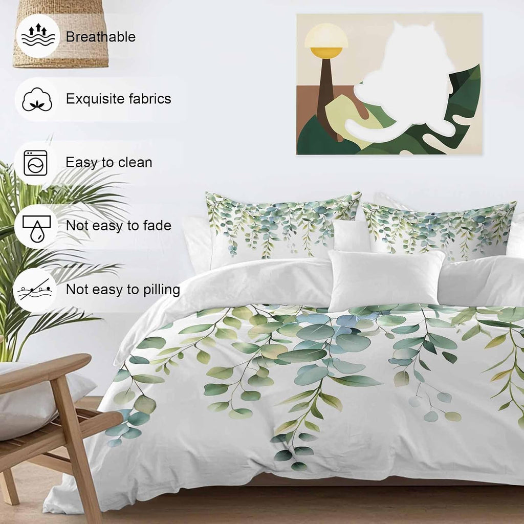 Prime Leader Green Leaves Duvet Cover Set Queen Size 4 Pieces Eucalyptus Leaf Watercolor Plant Botanical Bedding Set with Zipper Closure, 1 Comforter Cover 92x106 Inches 1 Flat Sheet & 2 Pillow Cases