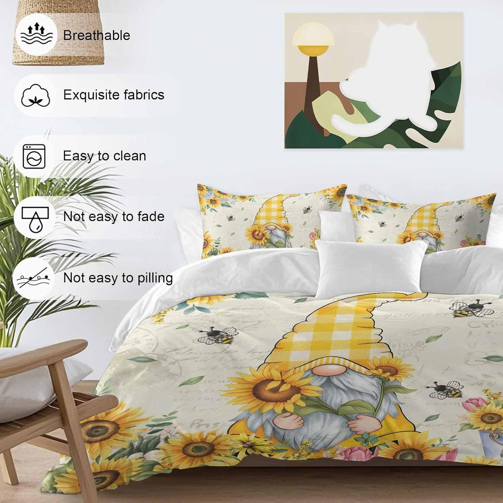 Sunflower Gnome Duvet Cover Set Queen Size 4 Pieces Bee Yellow Flower Leaf Spring Plant Farm Bedding Set with Zipper Closure, 1 Comforter Cover 92x106 Inches 1 Flat Sheet & 2 Pillow Cases