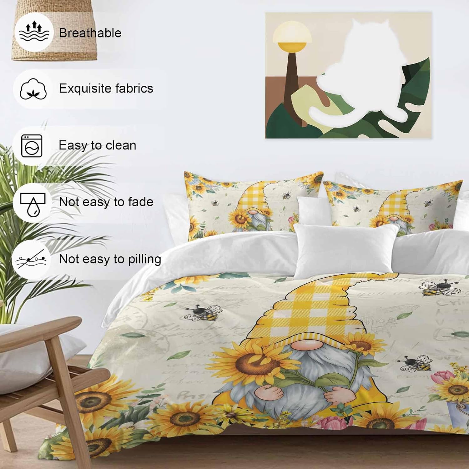 Sunflower Gnome Duvet Cover Set Queen Size 4 Pieces Bee Yellow Flower Leaf Spring Plant Farm Bedding Set with Zipper Closure, 1 Comforter Cover 92x106 Inches 1 Flat Sheet & 2 Pillow Cases