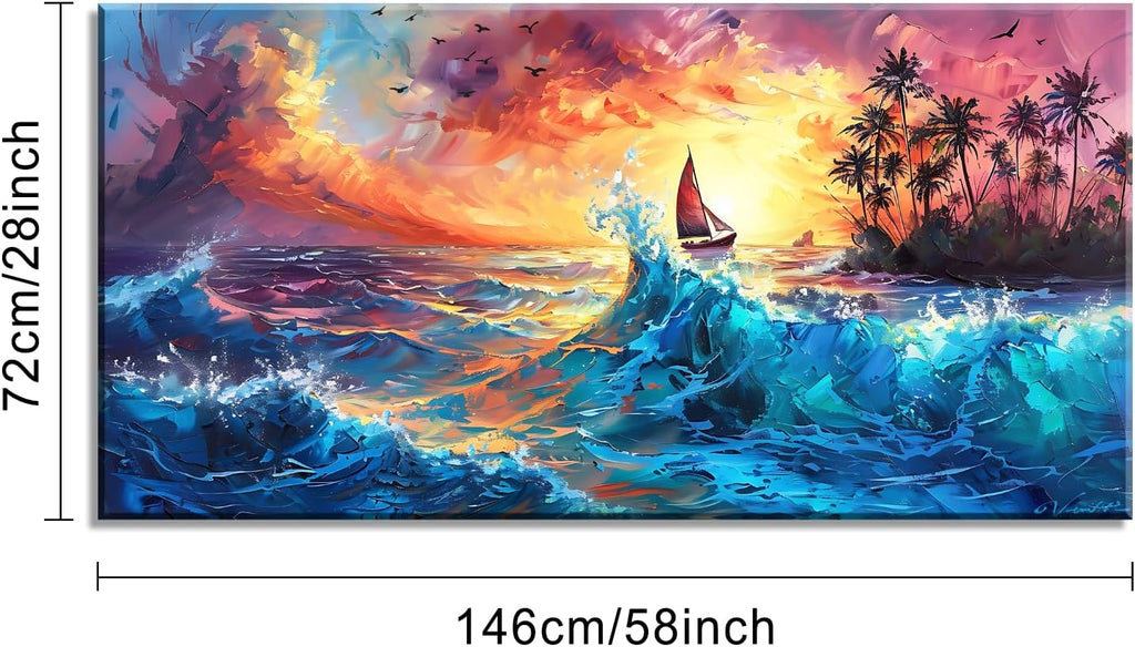 Piy Painting Sailboat Coconut Grove and Blue Waves Under the Sunset Oil Painting Style Wall Art Decor Artwork for Bedroom (30x60 Inches)