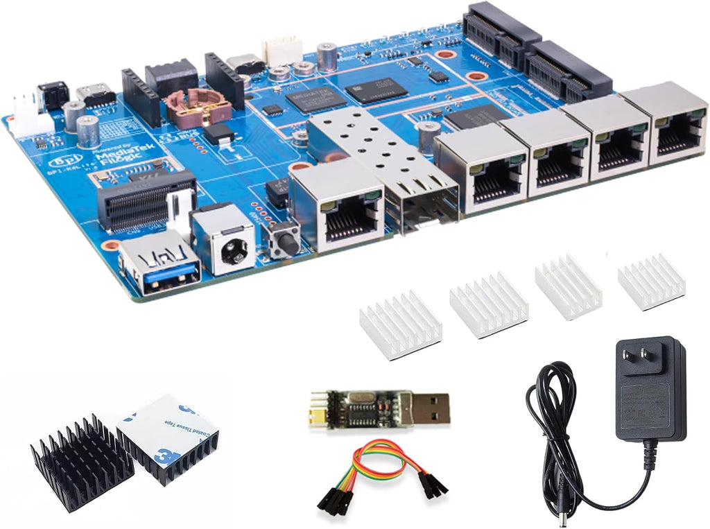 Banana Pi BPI-R4 Lite WiFi 7 Router Dev Board Kit OpenWRT - MediaTek MT7987A SoC - 2GB DDR4 RAM 8GB eMMC, 1x 2.5G SFP RJ45 WAN, 4X GbE Gigabit Ethernet for NAS Smart Home Gateway (2GB, Bundle1)