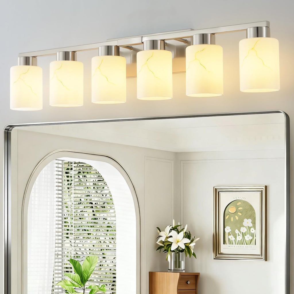 6-Light Bathroom Light Fixtures, Modern Vanity Lights, Brushed Nickel Metal Wall Lamp with White Marble Glass for Bathroom, Mirror, Living Room, Bedroom, Cabinet, Porch, Hallway, E26 Base