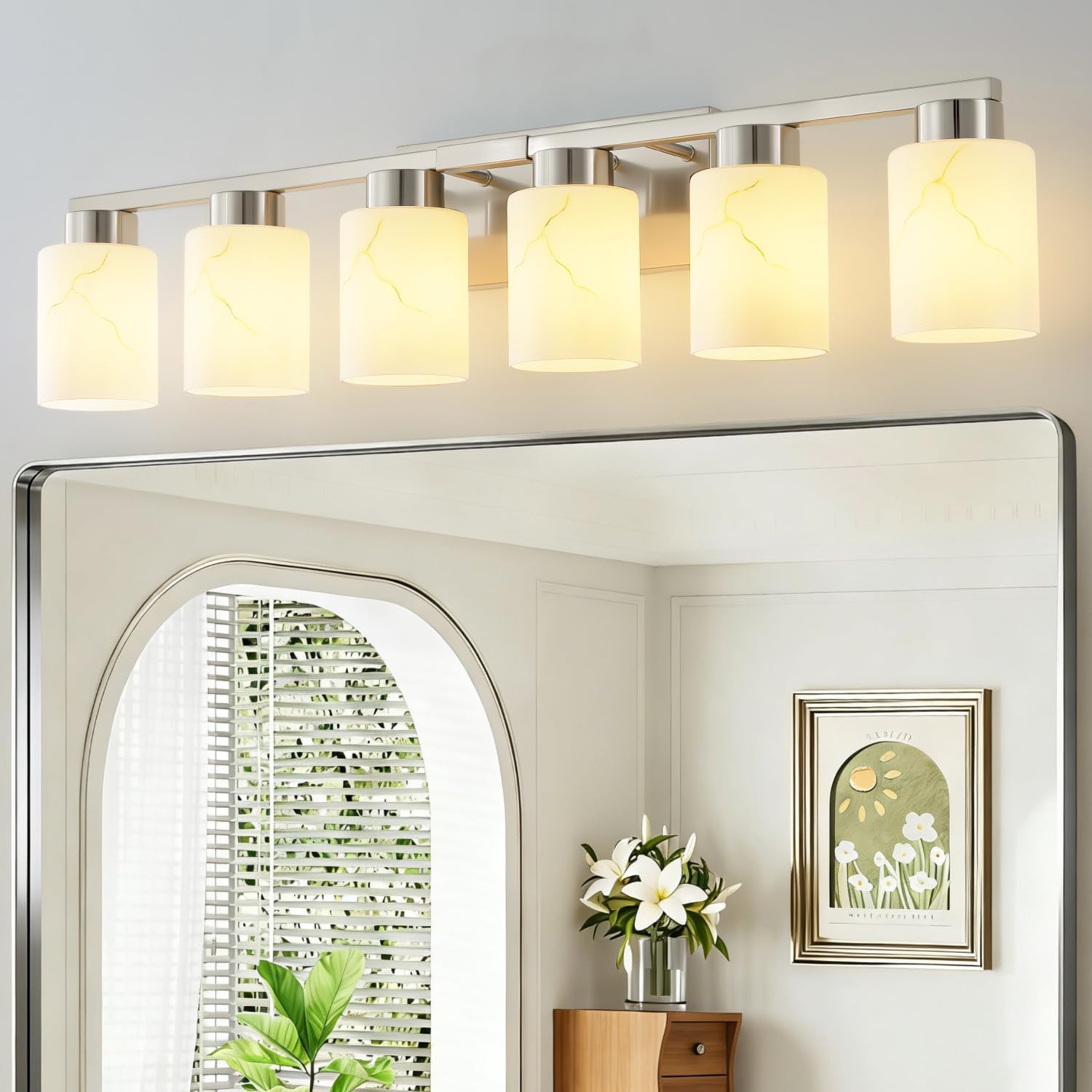 6-Light Bathroom Light Fixtures, Modern Vanity Lights, Brushed Nickel Metal Wall Lamp with White Marble Glass for Bathroom, Mirror, Living Room, Bedroom, Cabinet, Porch, Hallway, E26 Base