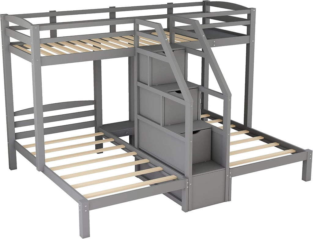 VilroCaz Twin Size Triple Bunk Bed with Built-in Staircase and Storage Drawer, Solid Wood Bunk Bed Frame with Safety Full-Length Guardrail for 3, Bedroom Guest Room Home Furniture (Gray)