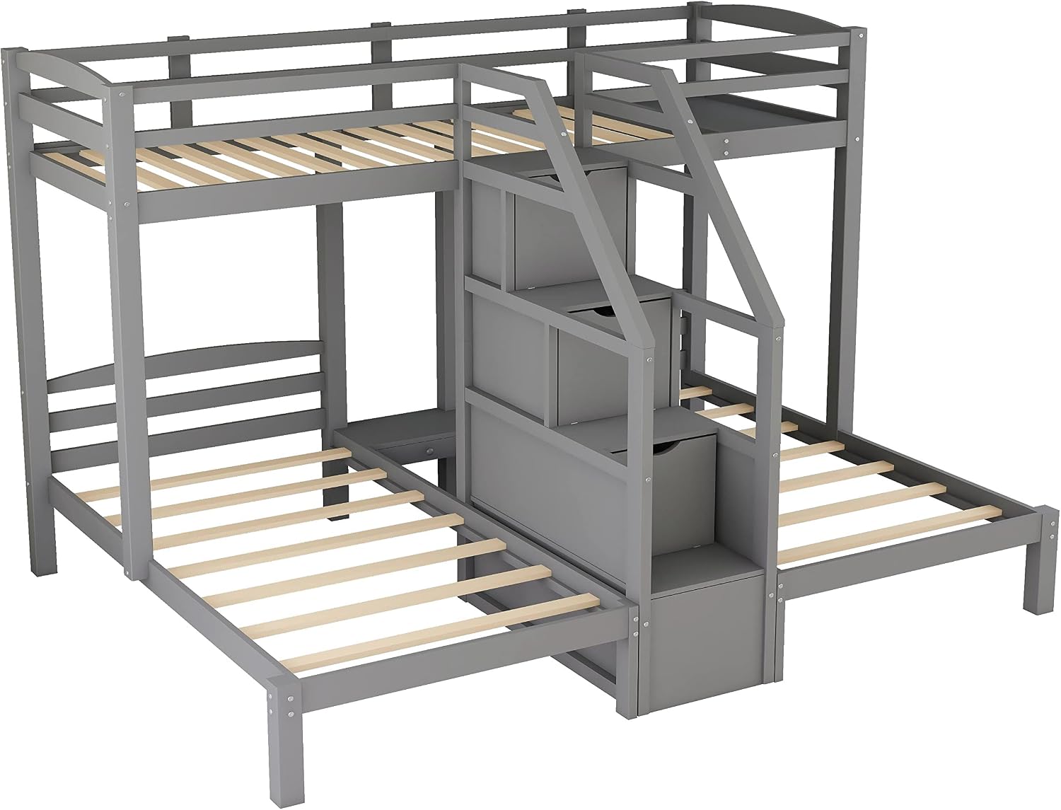 VilroCaz Twin Size Triple Bunk Bed with Built-in Staircase and Storage Drawer, Solid Wood Bunk Bed Frame with Safety Full-Length Guardrail for 3, Bedroom Guest Room Home Furniture (Gray)