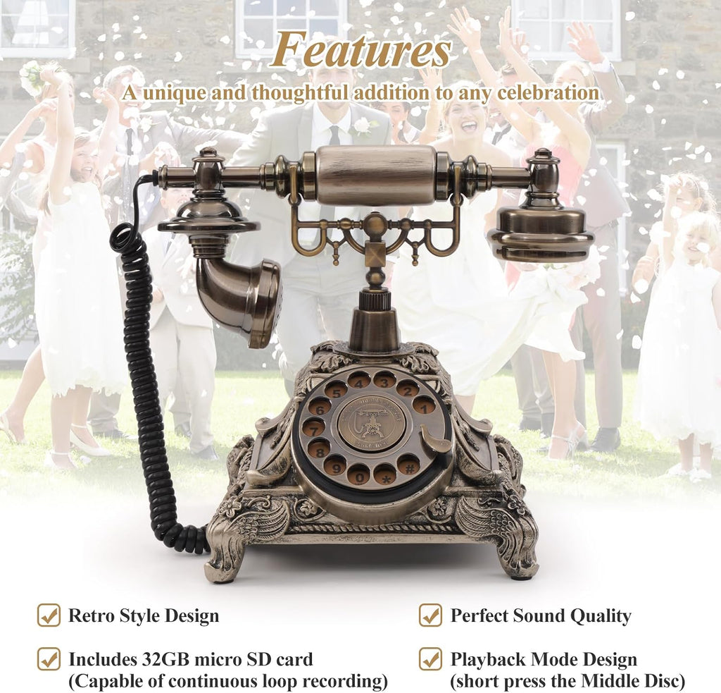 Audio Guest Book Phone, 32G Capacity Vintage Audio GuestBook Wedding Phone, Retro Audio Telephone Recording Customized Voice Message for Your Wedding Party, Copper