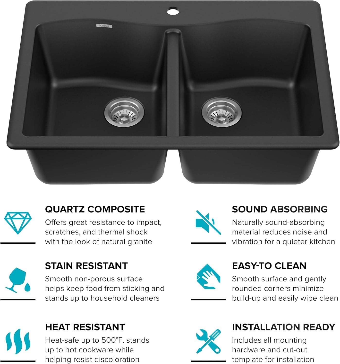 KRAUS Forteza 33-inch Drop in/Undermount 50/50 Double Bowl Granite Kitchen Sink in Black, KGD-52BLACK