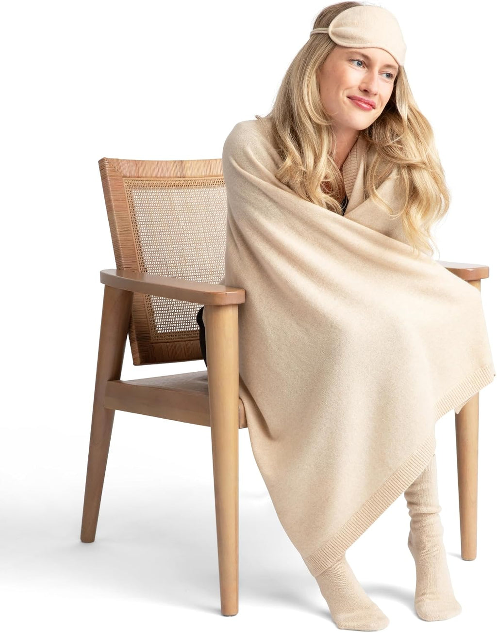 Jet&Bo 100% Pure Cashmere Travel Set: Blanket, Eye Mask, Socks, Carry/Pillow Case Natural in Gift Box
