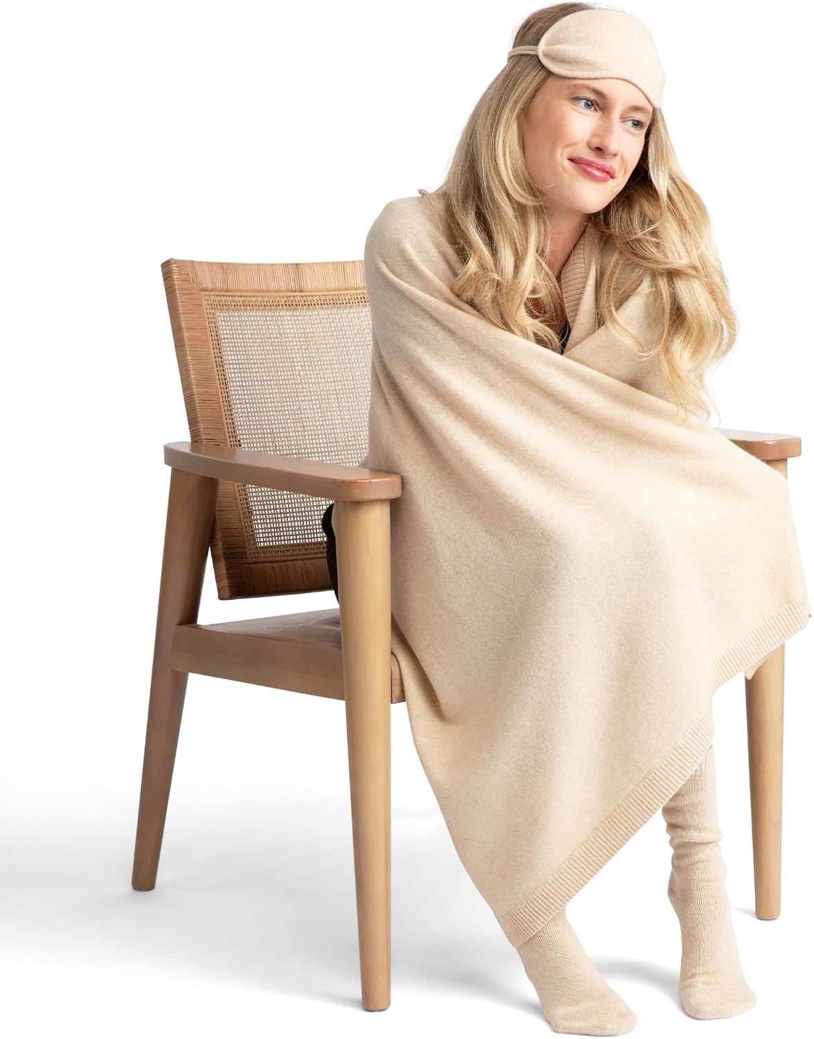 Jet&Bo 100% Pure Cashmere Travel Set: Blanket, Eye Mask, Socks, Carry/Pillow Case Natural in Gift Box
