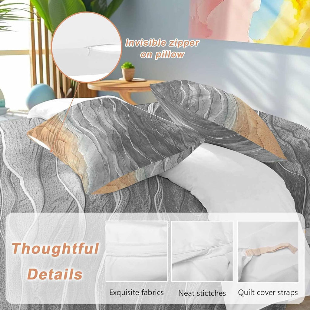 Prime Leader Abstract Grey Duvet Cover Set Queen Size 4 Pieces Ocean Beach Waves Lines Gradient Bedding Set with Zipper Closure, 1 Comforter Cover 86x86 Inches 1 Flat Sheet & 2 Pillow Cases