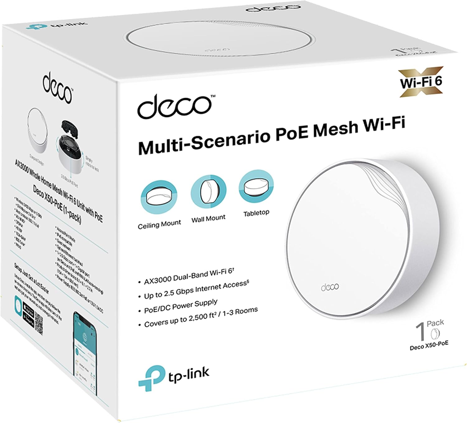 TP-Link Deco X50-PoE(1-Pack) - WiFi Mesh AX3000 Mbps,Dual-Band, Sistema WiFi 6, 1 Puerto 2.5 Gbps + 1 Puerto Gigabit，Hasta 230 m²，conesta Hasta 150 Dispositivo，Compatible con Google Home y Amazon