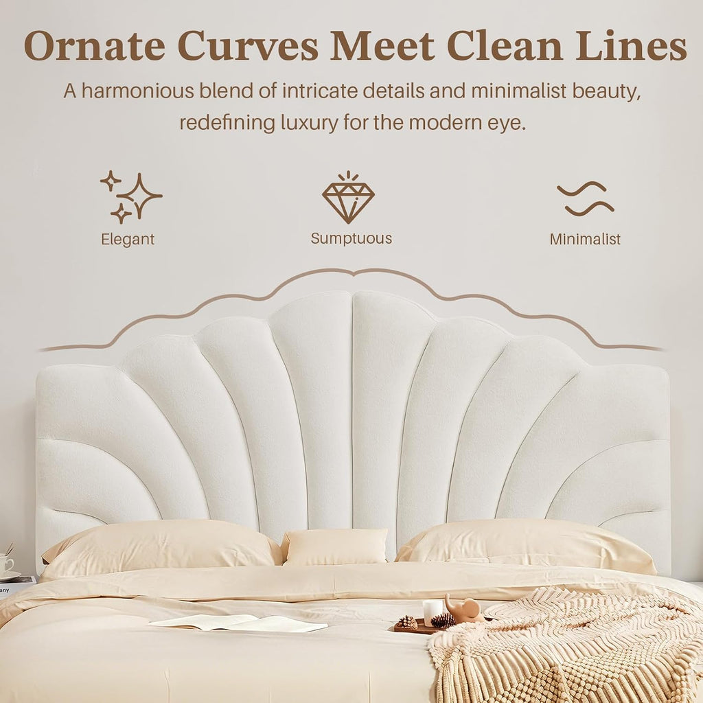 Upholstered Headboard Only Adjustable Bed Headboards Queen/Full Size, Tiara Crown Shape Headboards with Wood Legs, Velvet Petal Head Board Wall Protector for Dorm Bedroom, White