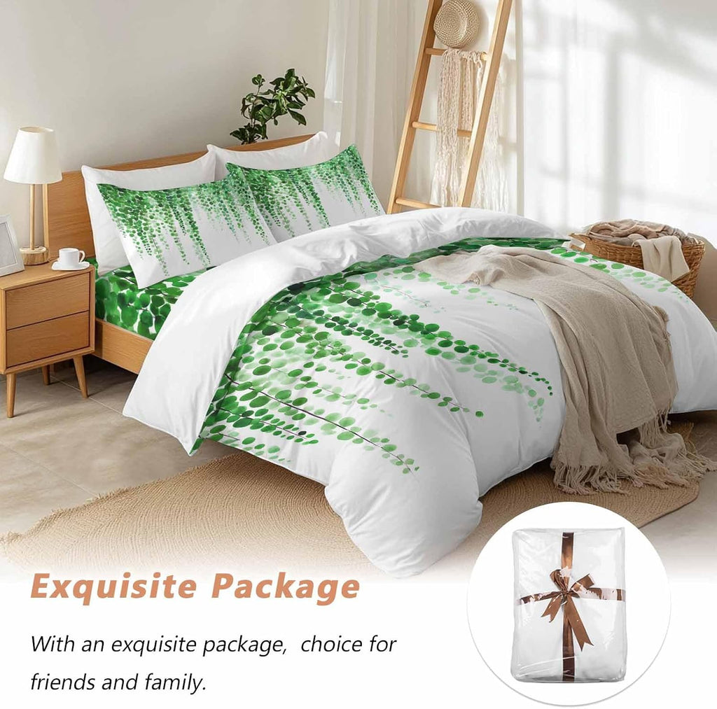 Prime Leader Green Eucalyptus Leaves Duvet Cover Set Queen Size 4 Pieces Summer Watercolor Plants Bedding Set with Zipper Closure, 1 Comforter Cover 92x106 Inches 1 Flat Sheet & 2 Pillow Cases