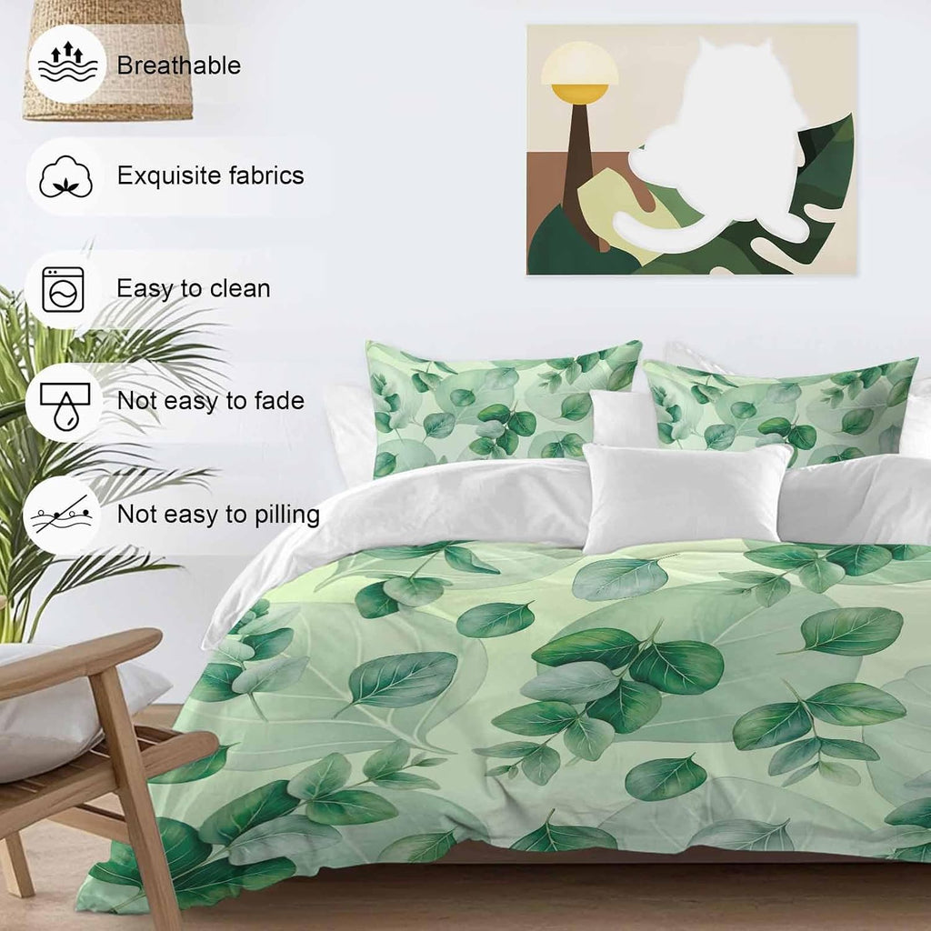 Green Leaf Duvet Cover Set Queen Size 4 Pieces Summer Green Eucalyptus Leaves Plants Farmhouse Bedding Set with Zipper Closure, 1 Comforter Cover 92x106 Inches 1 Flat Sheet & 2 Pillow Cases