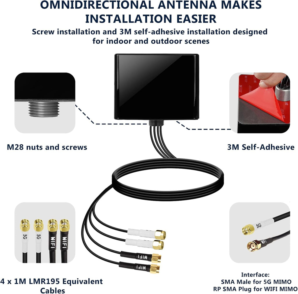 Maswell 2X2 5G MIMO 2X2 WIFI7 Antenna 600MHz~8.0GHz Antenna Cellular 5G 4G LTE 3G WiFi6E UWB and GSM Screw Mount Cubic Antenna SMA Male RP SMA Plug Waterproof