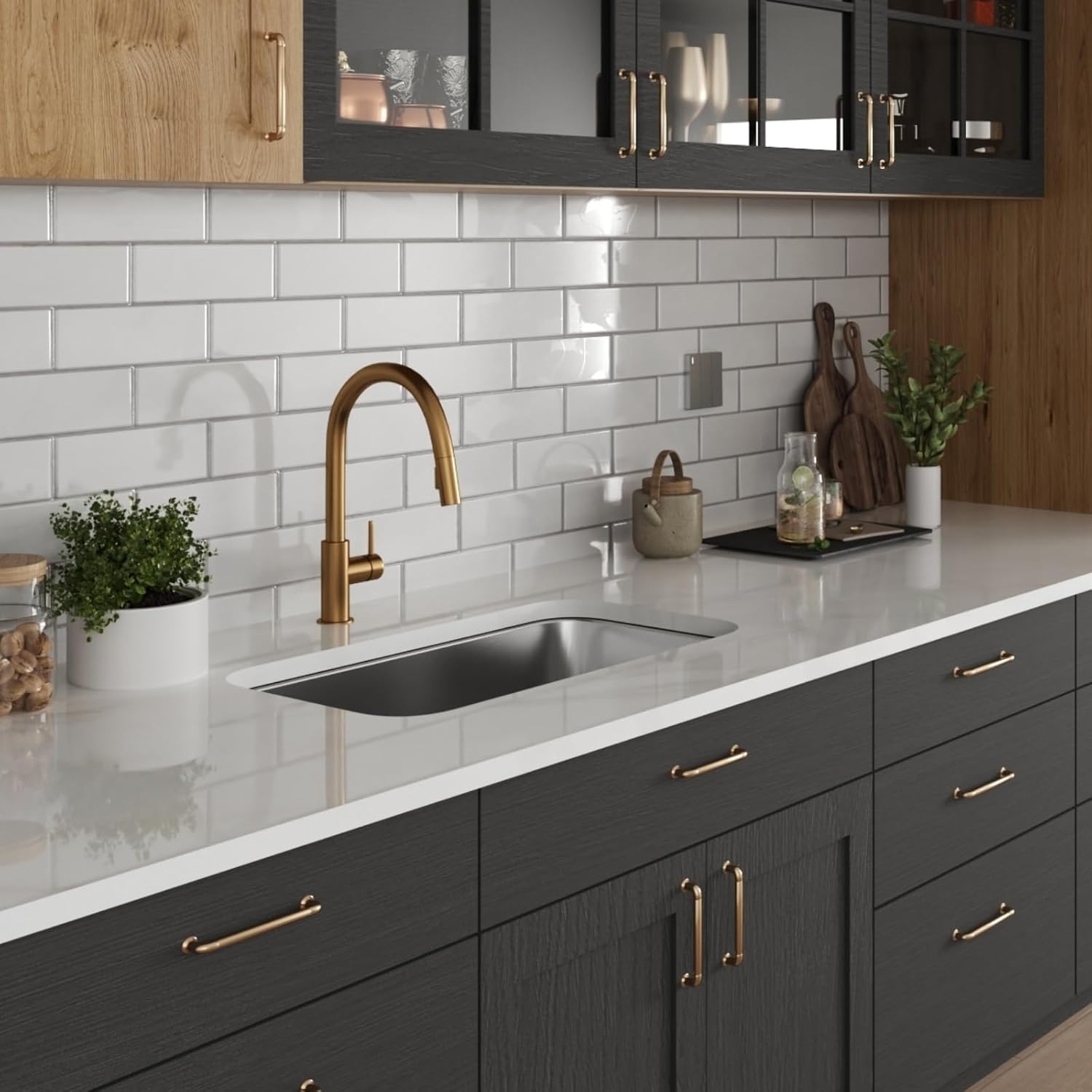 DeerValley 32 Inch Undermount Kitchen Sink 18 Gauge Stainless Steel Kitchen Sink Spacious Single Bowl Sinks with Basket Strainer Curved Shape Round Corner Deep Sinks for Modern Kitchens