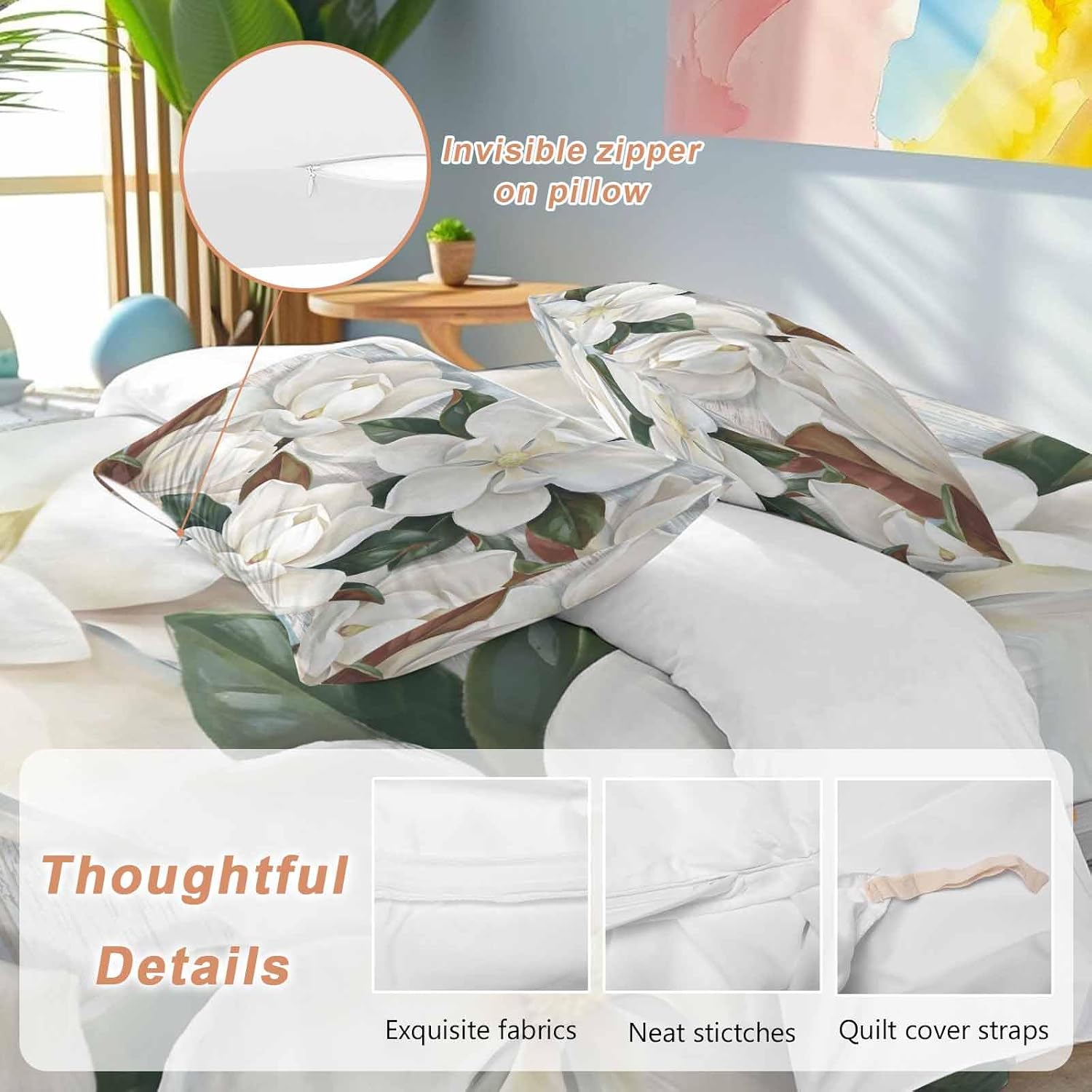 White Floral Duvet Cover Set Queen Size 4 Pieces Spring White Magnolia Vintage Plants Farmhouse Rustic Bedding Set with Zipper Closure, 1 Comforter Cover 92x106 Inches 1 Flat Sheet & 2 Pillow Cases