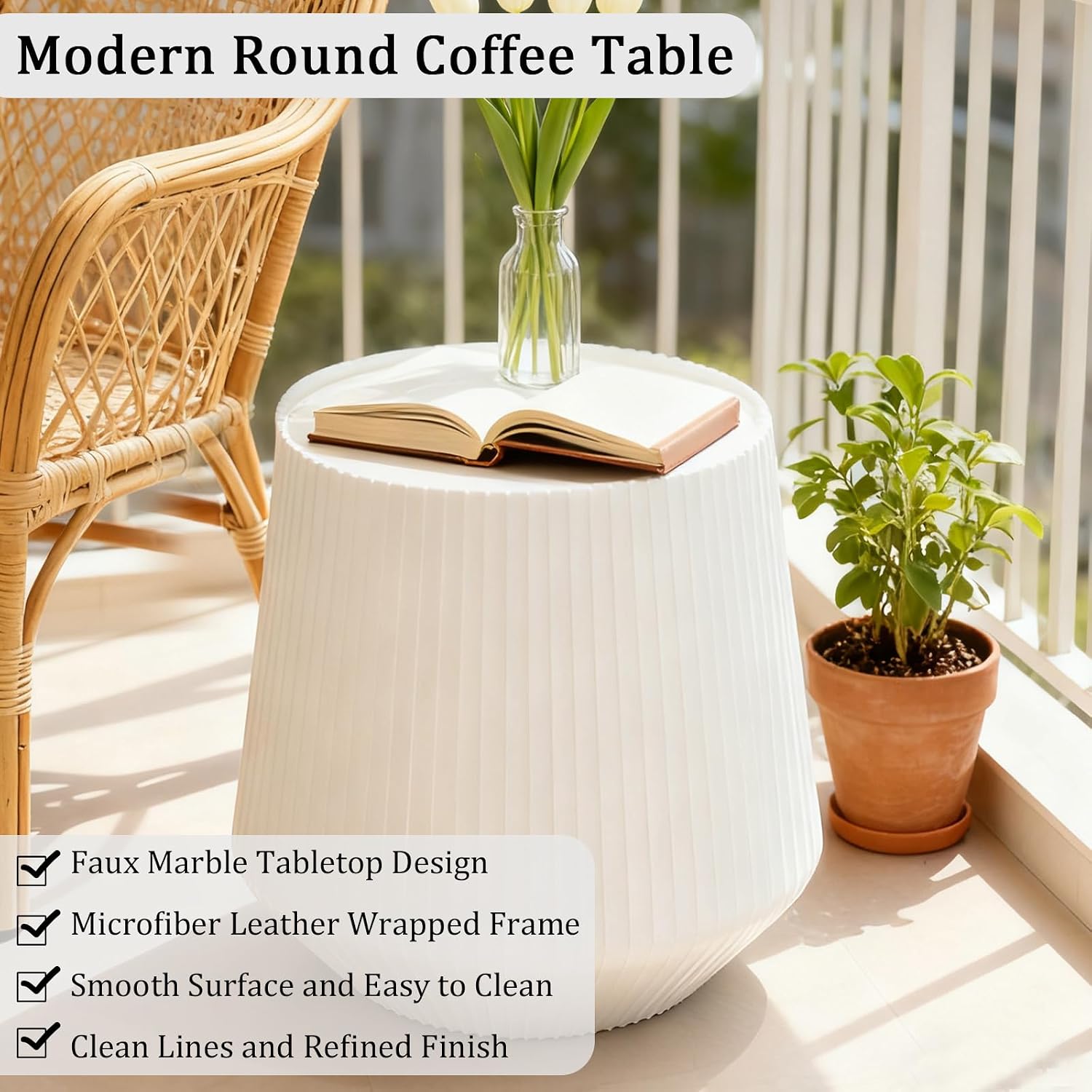 19.68' White Round Coffee Table, Drum Coffee Table with Sintered Stone Tabletop and Fluted PU Leather Covered and Stable Base, Circle Cocktail Tea Table for Living Room