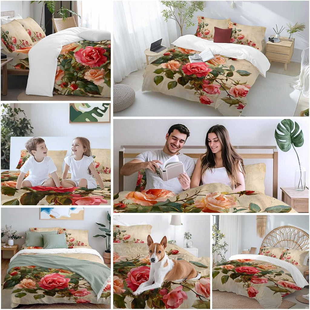 Spring Red Rose Duvet Cover Set Queen Size 4 Pieces Country Watercolor Pink Orange Floral Green Leaf Linen Bedding Set with Zipper Closure, 1 Comforter Cover 90x92 Inches 1 Flat Sheet & 2 Pillow Cases