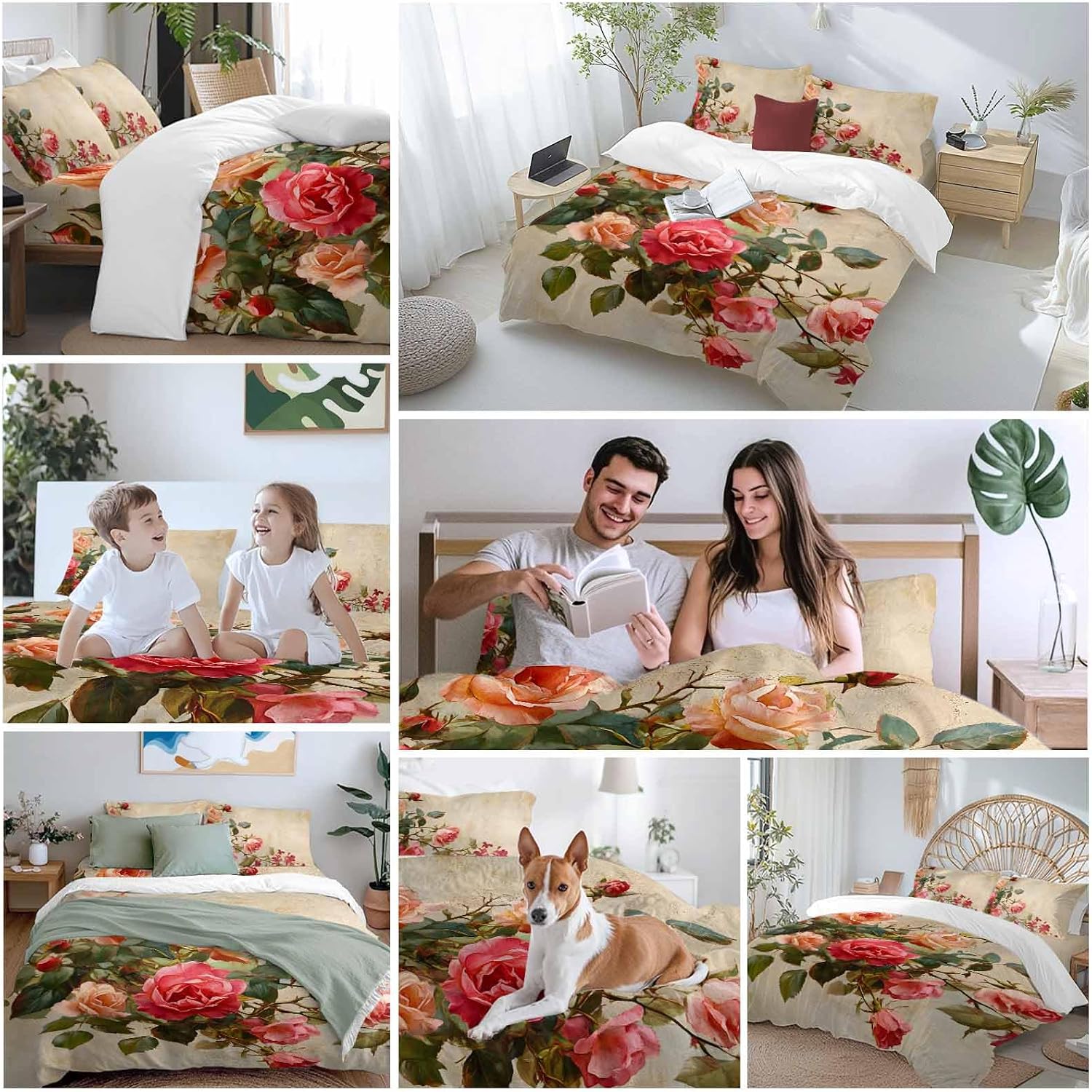 Spring Red Rose Duvet Cover Set Queen Size 4 Pieces Country Watercolor Pink Orange Floral Green Leaf Linen Bedding Set with Zipper Closure, 1 Comforter Cover 90x92 Inches 1 Flat Sheet & 2 Pillow Cases