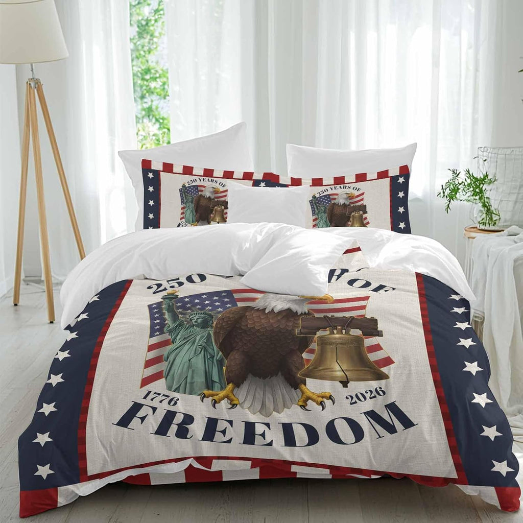 250 Years of Freedom Duvet Cover Set Queen Size 4 Pieces Independence Day Bald Eagle Star Stripe Bedding Set with Zipper Closure, 1 Comforter Cover 90x92 Inches 1 Flat Sheet & 2 Pillow Cases