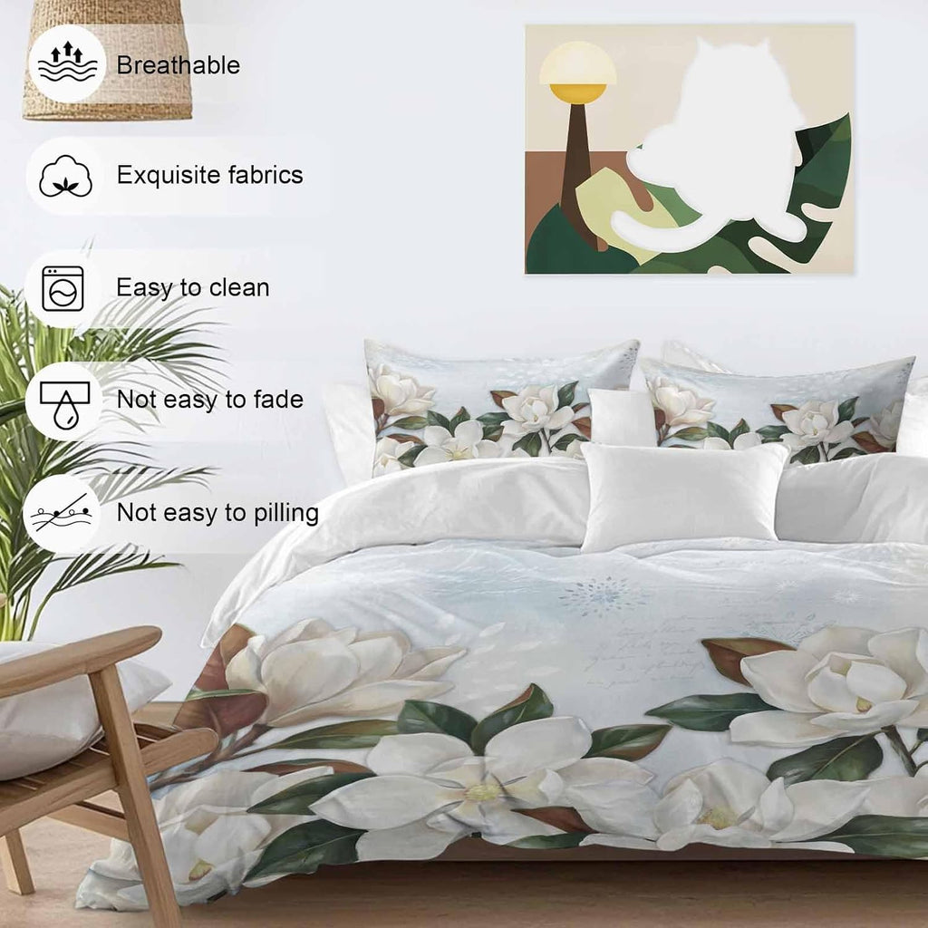 White Magnolia Duvet Cover Set Queen Size 4 Pieces Watercolor Flower Floral Plants Leaf Farmhouse Bedding Set with Zipper Closure, 1 Comforter Cover 92x106 Inches 1 Flat Sheet & 2 Pillow Cases