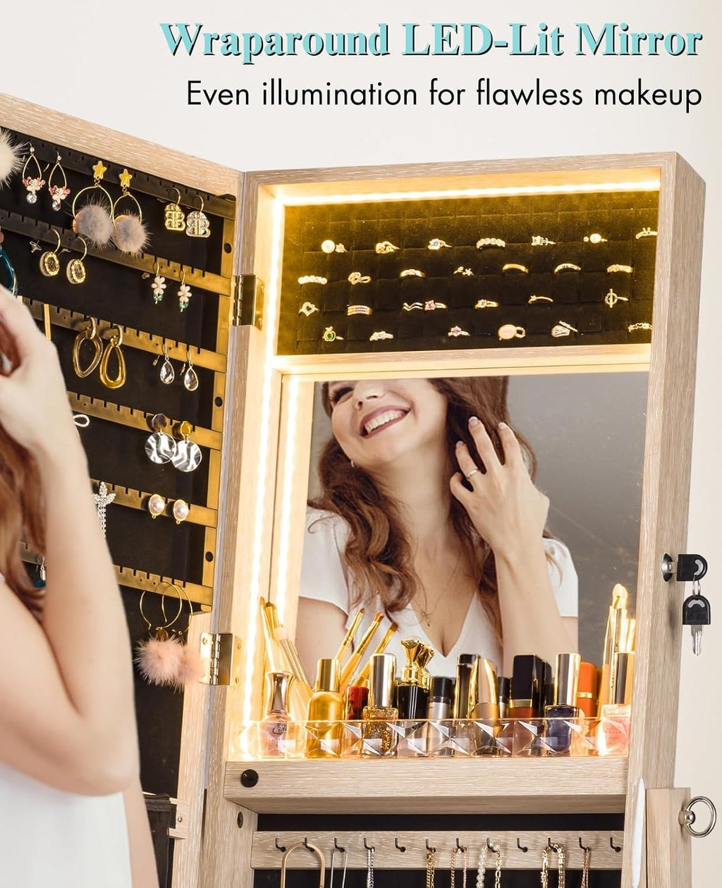 LUXFURNI 62.6' H Mirror Jewelry Cabinet Standing, LED Light Jewelry Armoire with Mirror, Large Jewelry Storage Mirror, Lockable Jewelry Organizer Mirror, Natural