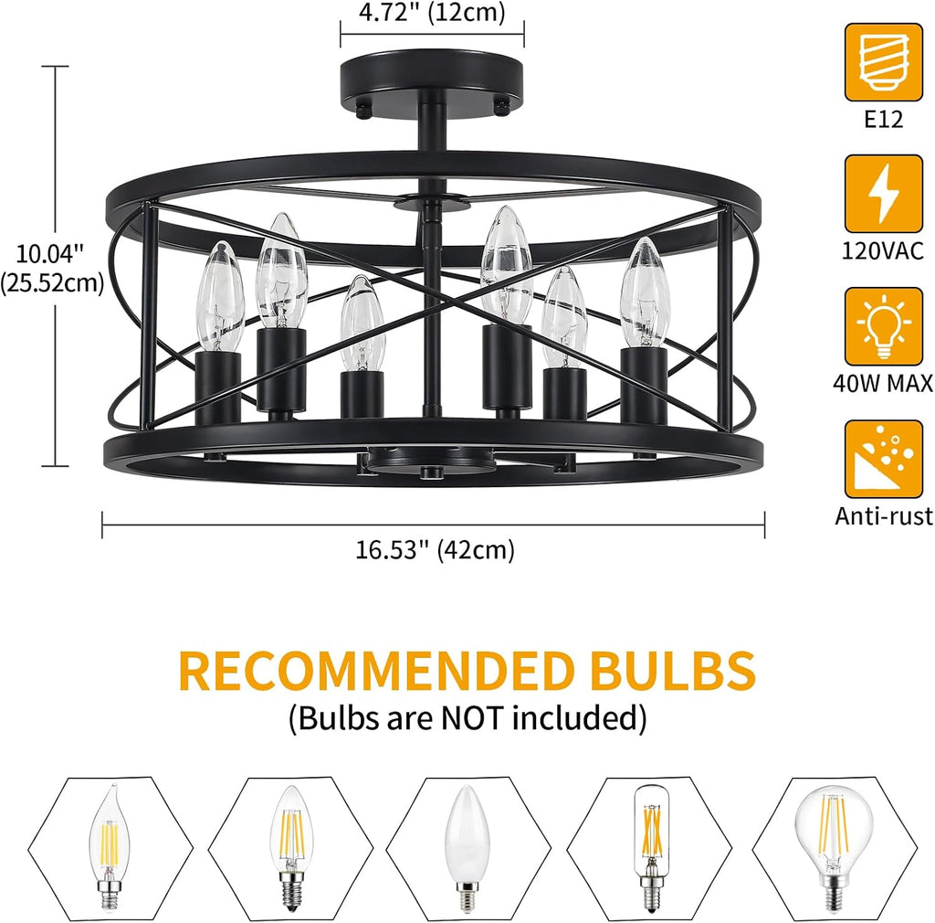 6-Light Black Semi Flush Mount Ceiling Light, 16.53'' Modern Farmhouse Close to Ceiling Light Fixtures, Ceiling Lamp for Hallway Entryway Foyer Dining Room Living Room Bedroom Kitchen Light Fixtures
