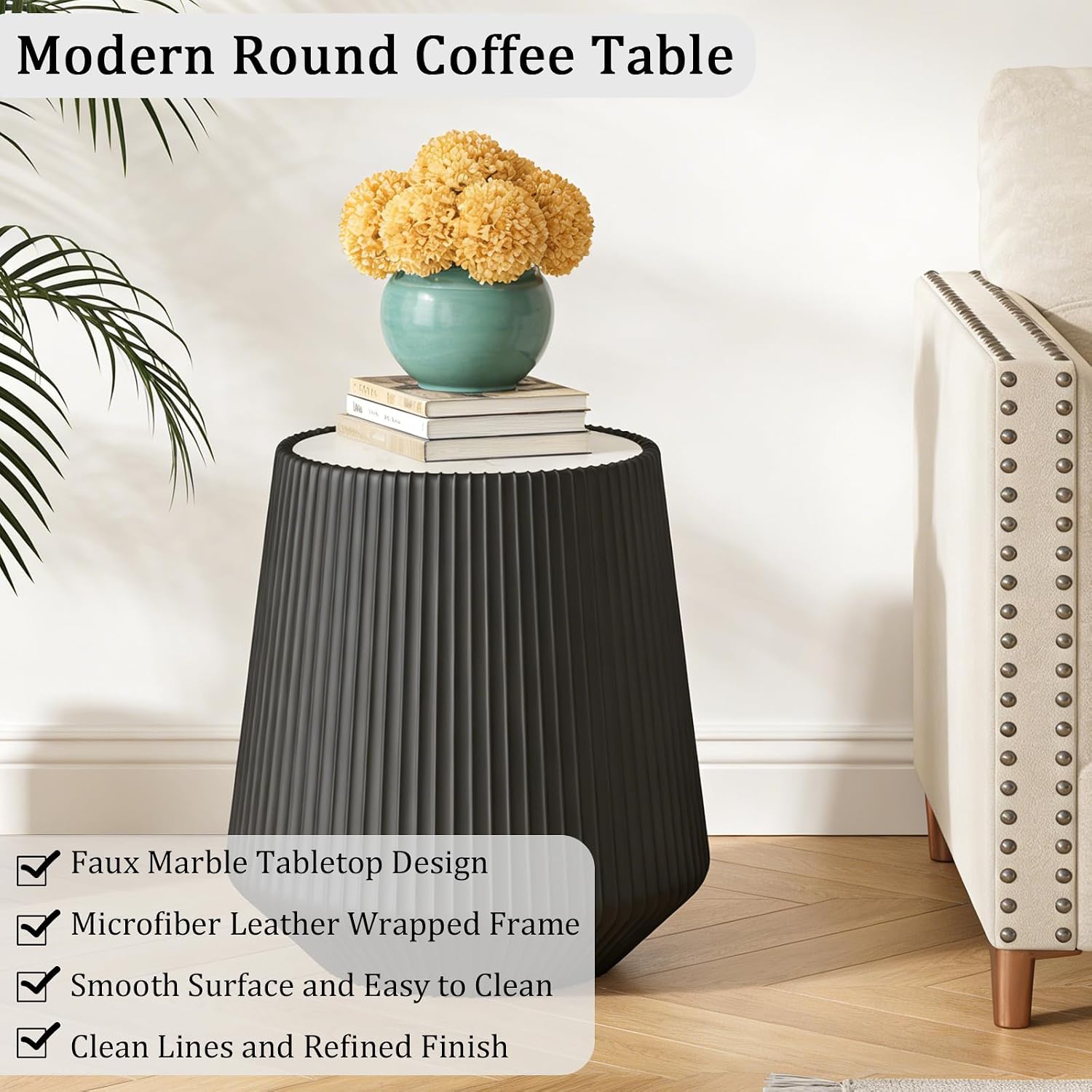 19.68' Black Round Coffee Table, Drum Coffee Table with Sintered Stone Tabletop and Fluted PU Leather Covered and Stable Base, Circle Cocktail Tea Table for Living Room