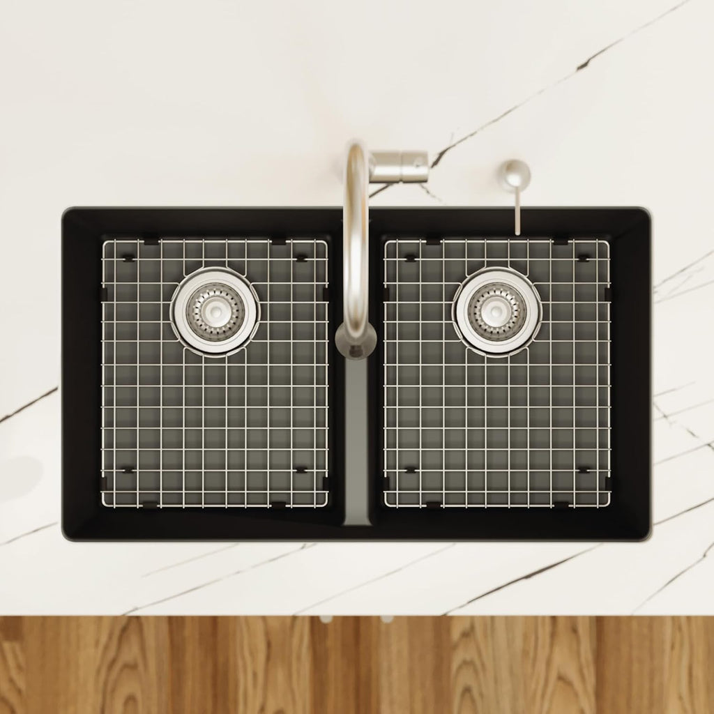 Karran QU-810 32' Undermount Double Bowl Quartz Kitchen Sink Kit, Black Composite, Equal Bowls, Scratch Resistant, Heat Safe, Noise Reducing, Includes Grids & Strainers