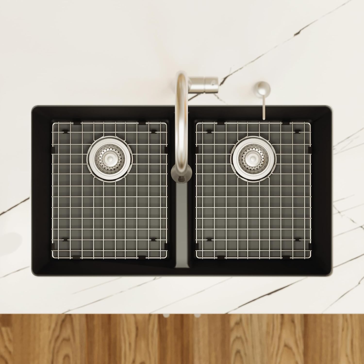 Karran QU-810 32' Undermount Double Bowl Quartz Kitchen Sink Kit, Black Composite, Equal Bowls, Scratch Resistant, Heat Safe, Noise Reducing, Includes Grids & Strainers