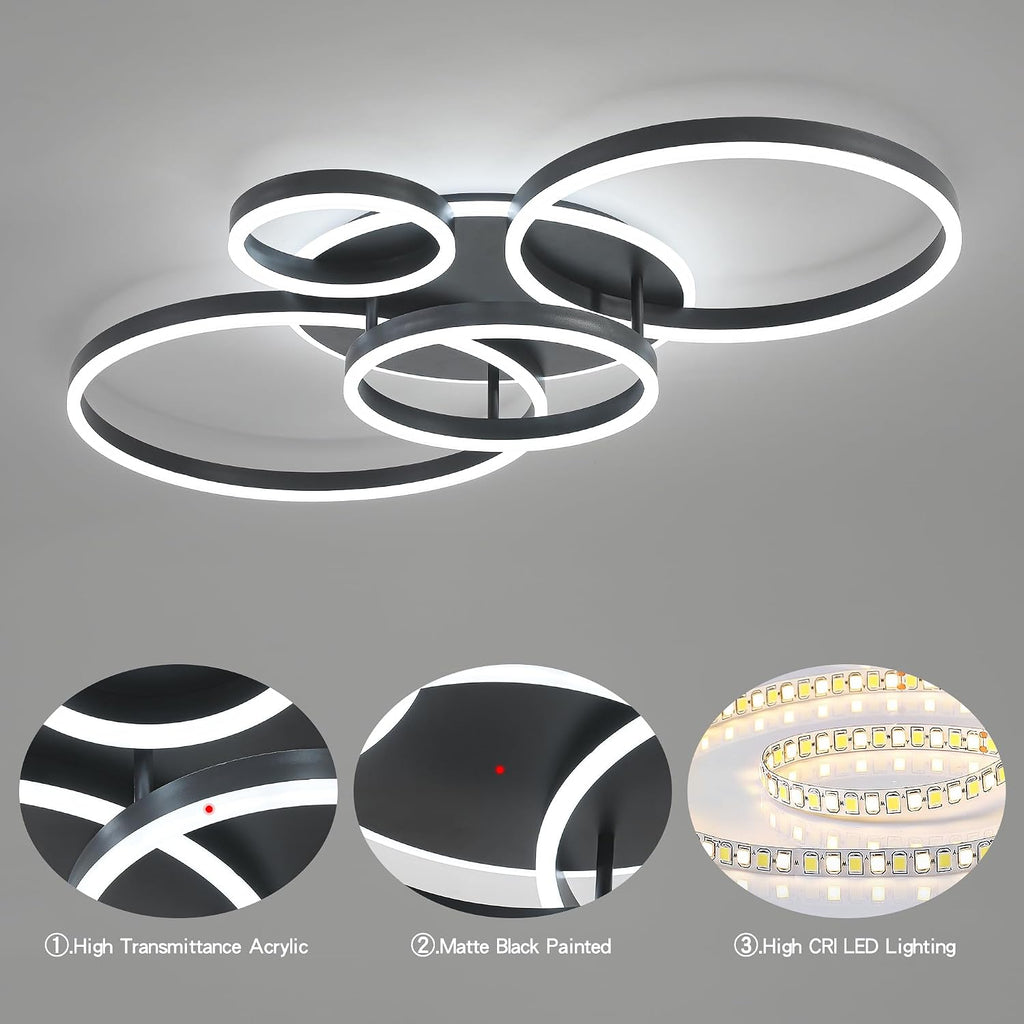 O'NEELDY Flush Mount Modern Ceiling Light Black Led Modern Light Fixtures Ceiling Mount Lights 4 Rings Led Chandelier Lamp Fixture with Remote for Living Room Kitchen Dining Room Bedroom