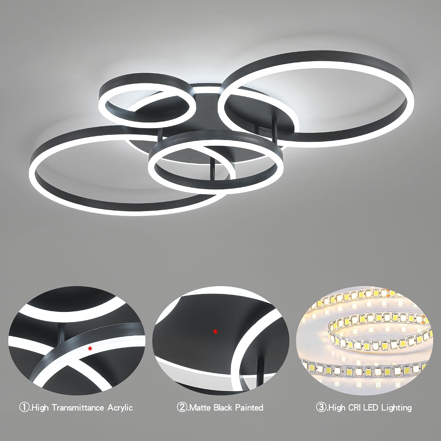 O'NEELDY Flush Mount Modern Ceiling Light Black Led Modern Light Fixtures Ceiling Mount Lights 4 Rings Led Chandelier Lamp Fixture with Remote for Living Room Kitchen Dining Room Bedroom