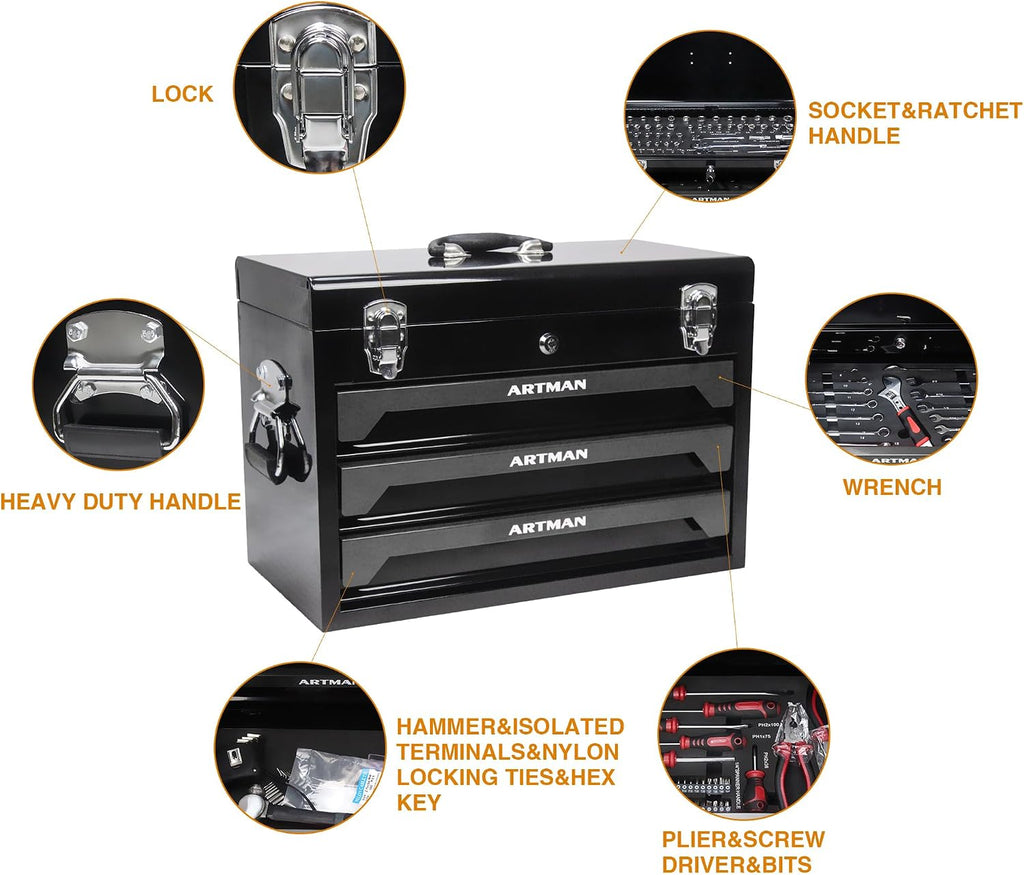 pouseayar Tool Set and Mechanic Tool Set Box with Handle and 3-Drawer Heavy Duty Metal Box - 339 Piece Tool Kits for Adults Mechanics Workshop Maintenance and Repair Projects - Black