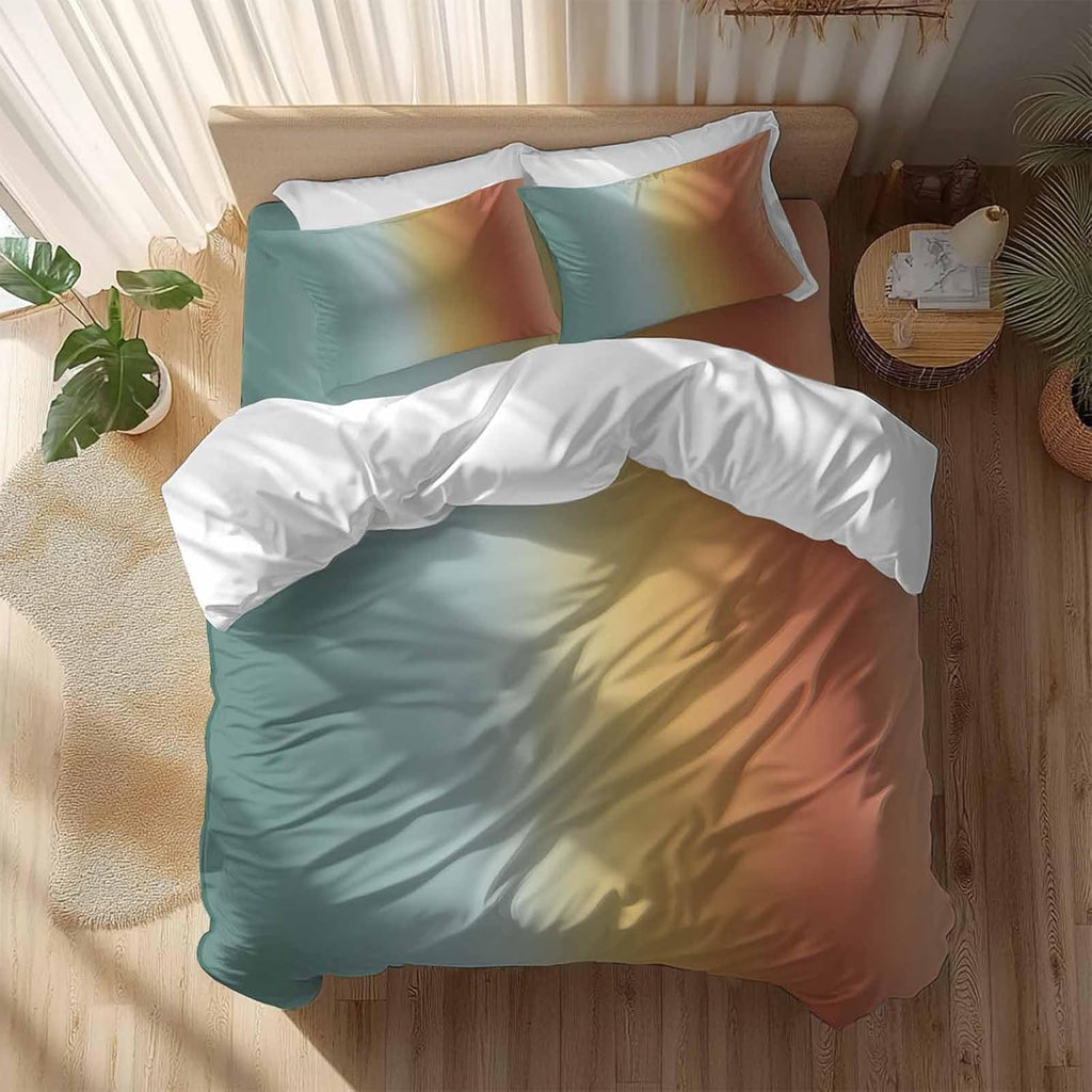 Gradient Blue Red Duvet Cover Set Queen Size 4 Pieces Modern Abstract Minimalist Yellow Orange Ocean Beach Bedding Set with Zipper Closure, 1 Comforter Cover 90x92 Inches 1 Flat Sheet & 2 Pillow Cases