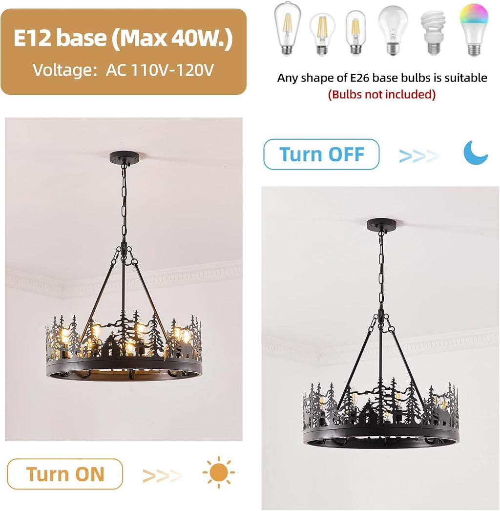 9-Light Rustic Farmhouse Chandelier, Black Wagon Wheel Pendant Light Fixture 23.6' Round Vintage Bear Chandelier for Dining Room Living Room Kitchen