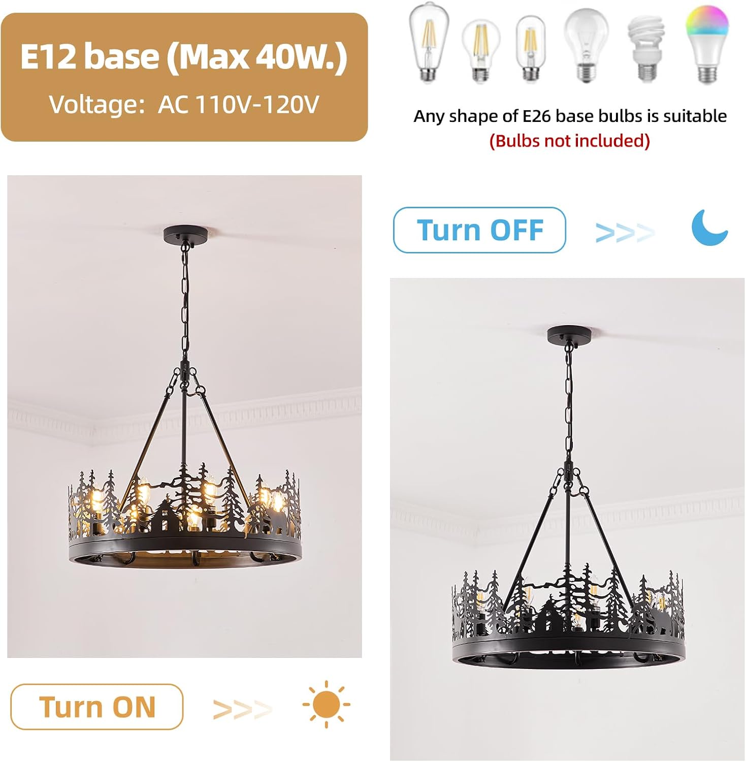 9-Light Rustic Farmhouse Chandelier, Black Wagon Wheel Pendant Light Fixture 23.6' Round Vintage Bear Chandelier for Dining Room Living Room Kitchen