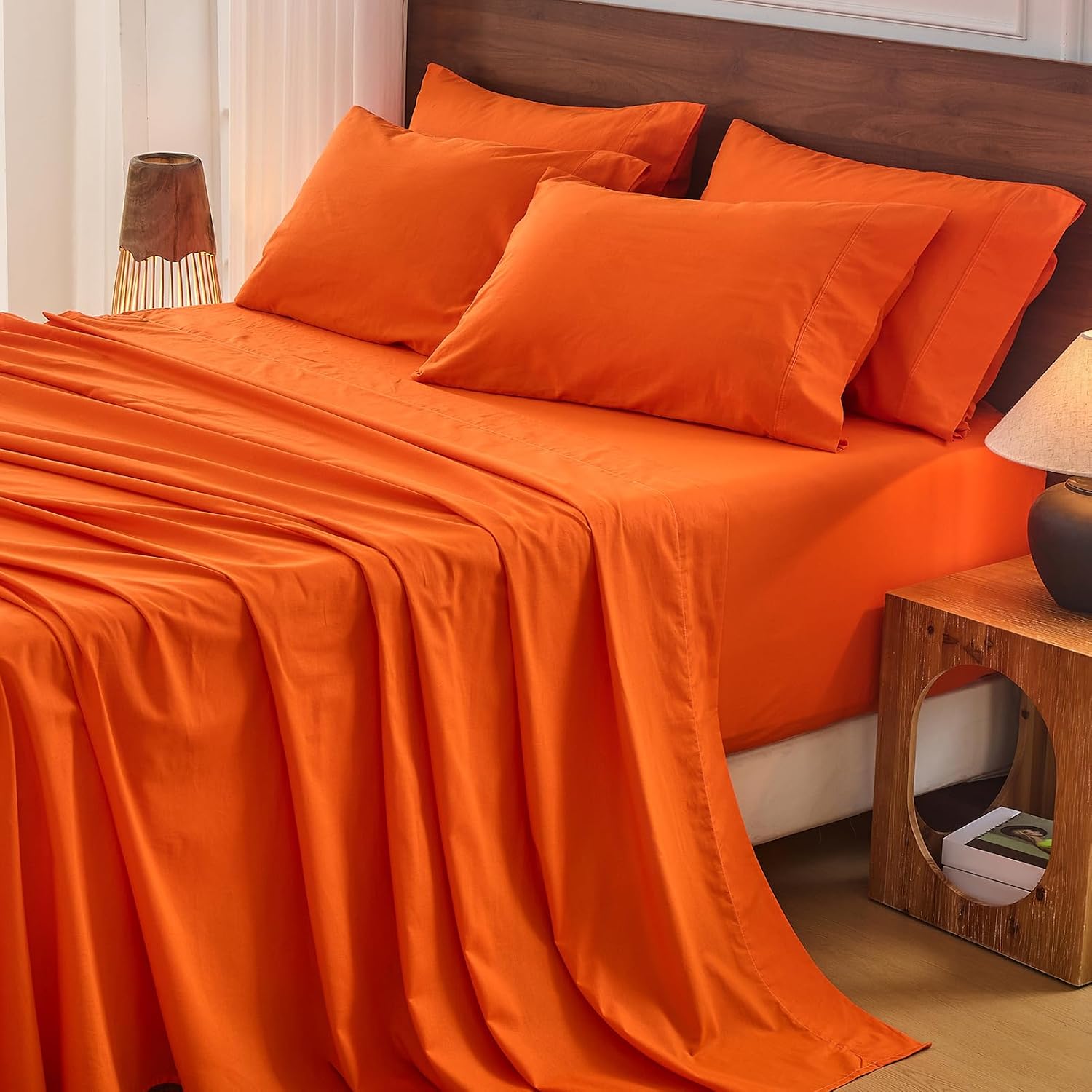 Bedlifes 100% French Flax Linen Sheets Set King Size - 6 Piece Extra Deep Pocket 18-24',Soft Breathable King Bed Sheets with Temperature Regulating & Moisture-Wicking(Orange