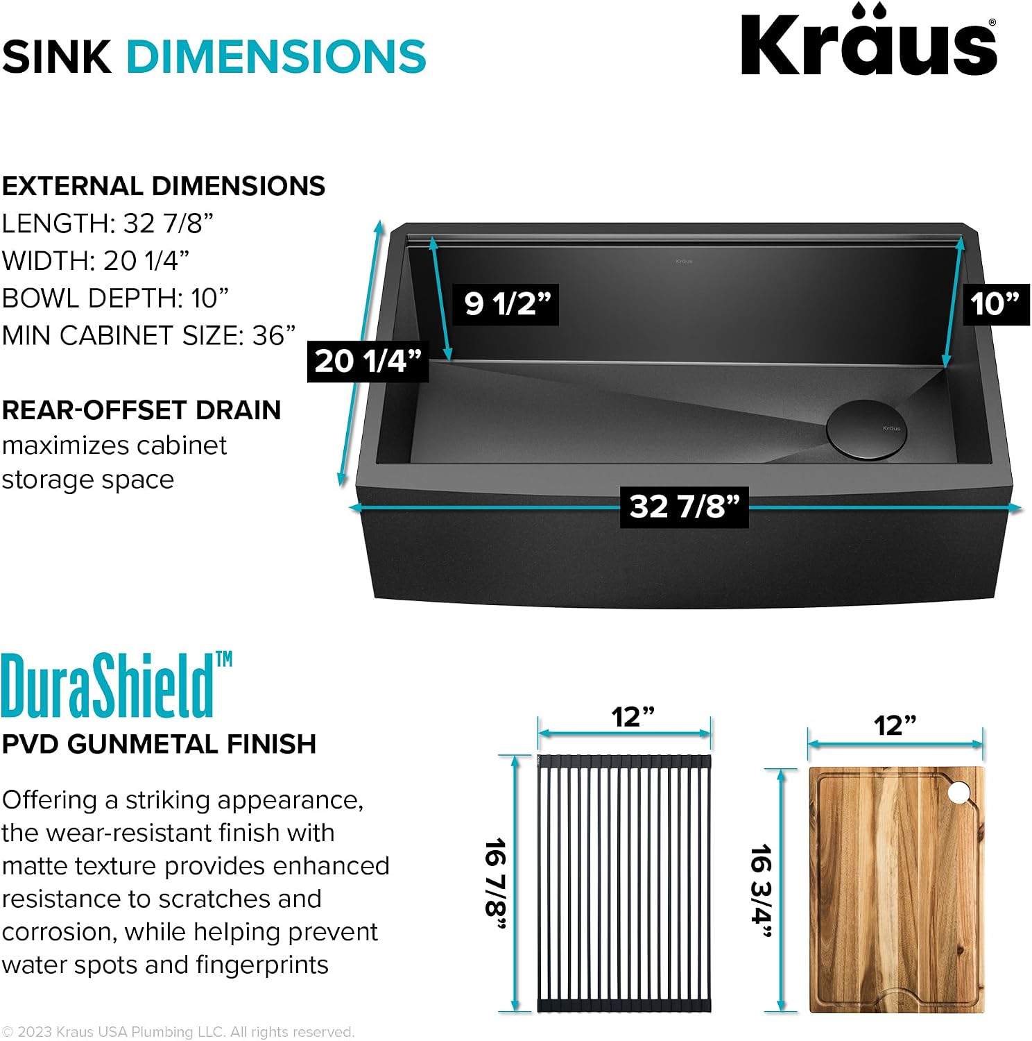 KRAUS Kore Workstation 33-inch Farmhouse Apron Front 16 Gauge Black Stainless Steel Single Bowl Kitchen Sink in PVD Gunmetal Finish with Accessories, KWF210-33/PGM