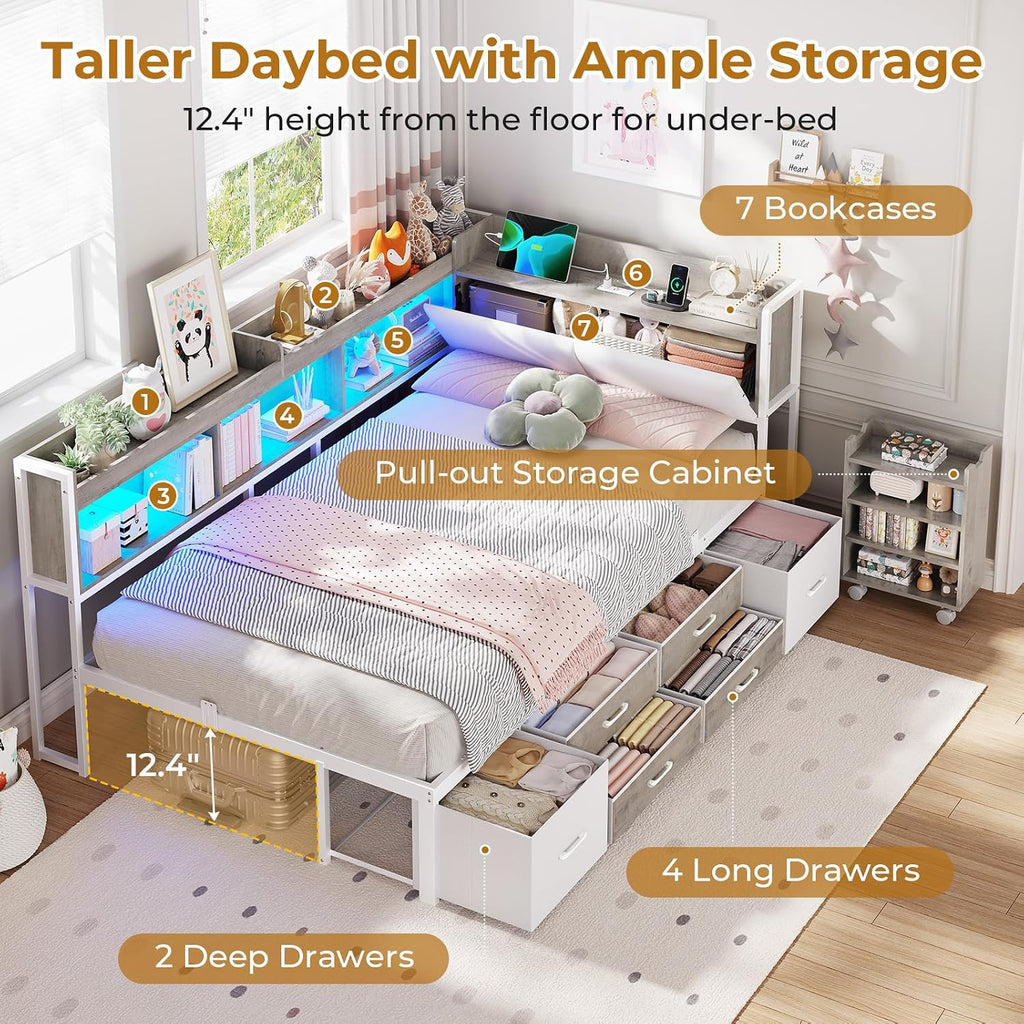 MSmask 14 Inch Corner Bed Frame with Pull-Out Cabinet, Bookcase & Headboad Storage, Twin LED Daybed with 6 Drawers, Charging Station, Twin Size Metal Platform Bed for Kids Teen, White & Oak Grey