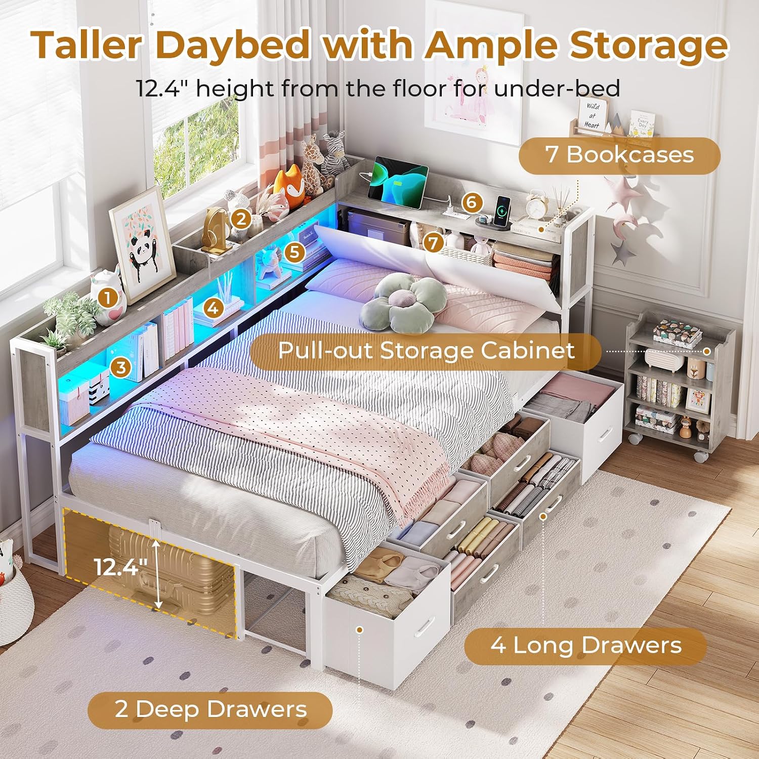 MSmask 14 Inch Corner Bed Frame with Pull-Out Cabinet, Bookcase & Headboad Storage, Twin LED Daybed with 6 Drawers, Charging Station, Twin Size Metal Platform Bed for Kids Teen, White & Oak Grey