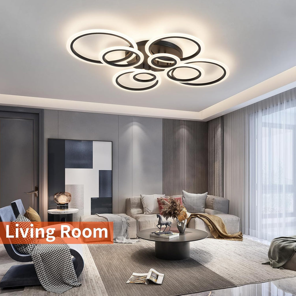 Shine LUEST Modern Ceiling Light, 41.3'' Dimmable LED Black Flush Mount Ceiling Lights with Remote Acrylic Round Ceiling Lamp Fixture for Low Ceiling Bedroom Living Room Dining Room, 108W