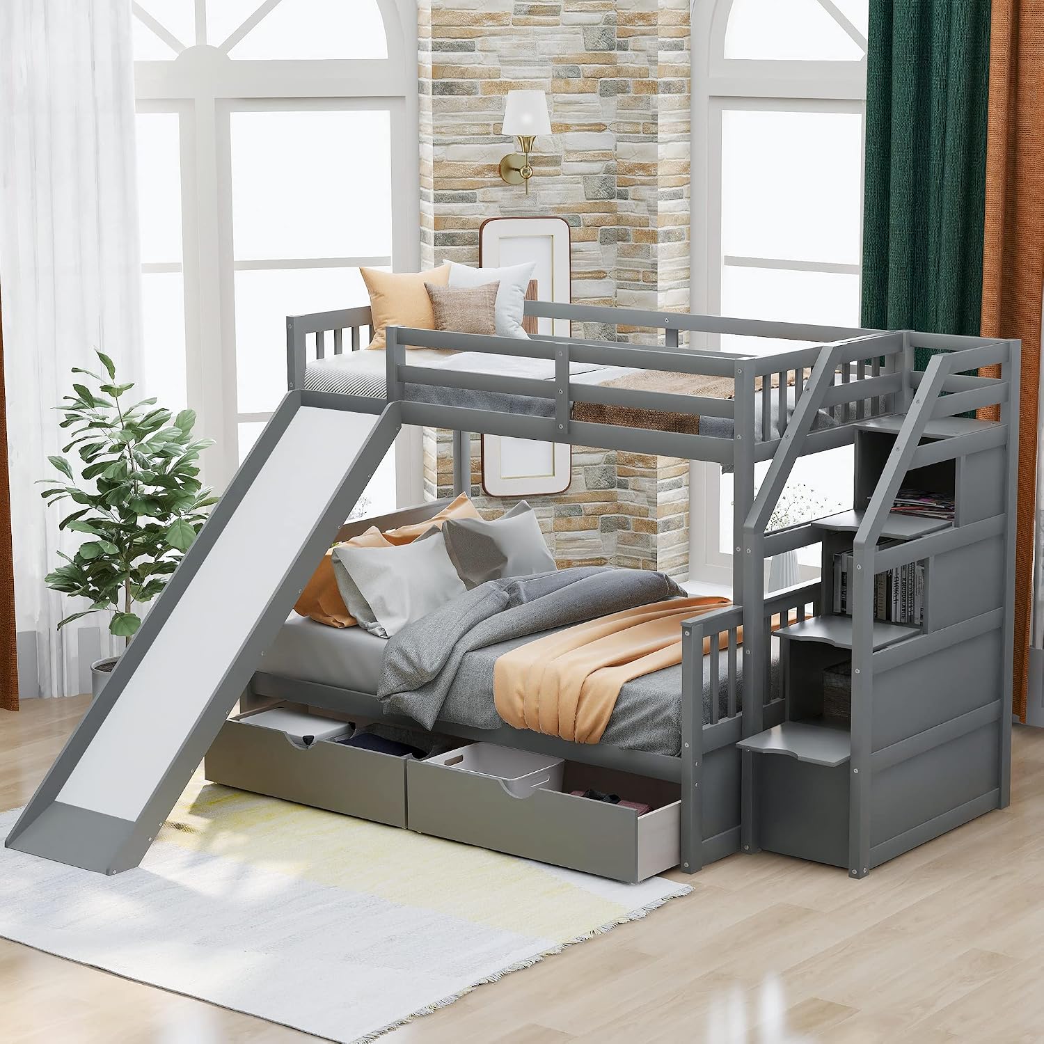 Twin Over Full Size Bunk Bed with Drawers and Slide, Bed Room Solid Wood Storage Bed Frame W/Ladder can be Interchanged Left and Right,for Kids Teens Boys Girls,Gray